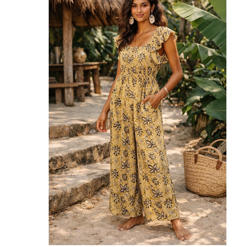 Kopal Floral Block Print Jumpsuit Womens XS Yellow Cotton Ruffle Wide Leg New